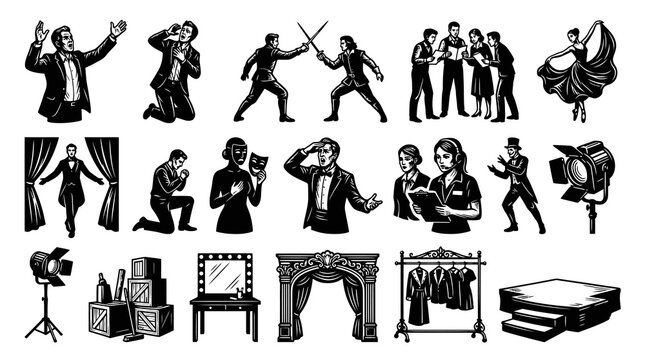 Theater and Performance Art Icons: Actors, Stage, Props, Black and White Line Art