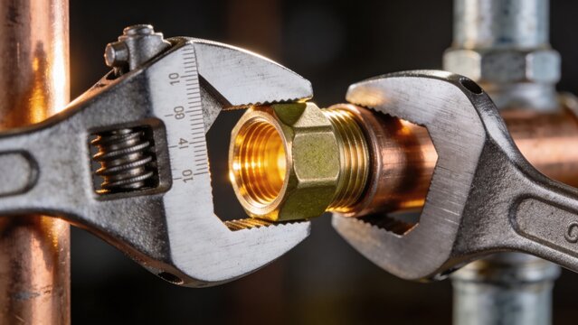 Close-up of adjustable wrenches gripping a brass fitting on copper pipes. The scene highlights plumbing tools and hardware components.