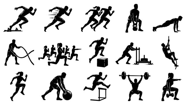 Dynamic Fitness Training Silhouettes Vector Set: Athletes Performing Running, Lifting, and Bodyweight Exercises