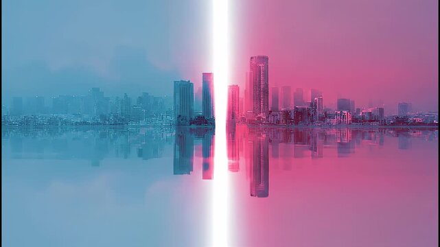 A split city skyline reflecting in water, with neon light dividing it