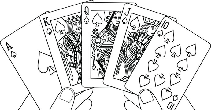 Hand holding royal flush playing cards black white line illustration