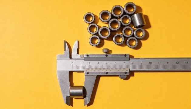 A caliper measuring metal rings on a bright yellow background. The scene highlights precision tools and industrial components.