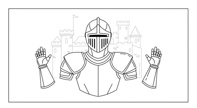 Medieval Knight Armor Silhouette with Castle Background - Line Art Illustration