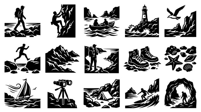Outdoor Adventure  Travel Icons Set - Black and White Glyph Vector Illustrations of Nature Activities  Exploration