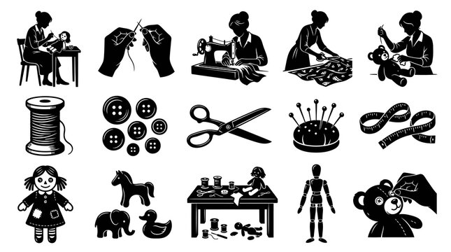 Sewing  Crafting Glyph Icons Set: Tailoring Tools, Handmade Dolls, and DIY Activities in Black  White Silhouette