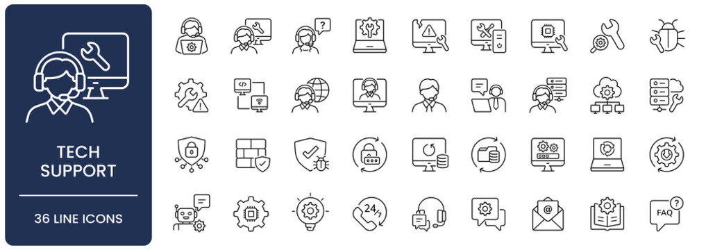 Tech support icon set. Collection of customer service, call center, technical troubleshooting and help desk line icon vector illustration with editable stroke.
