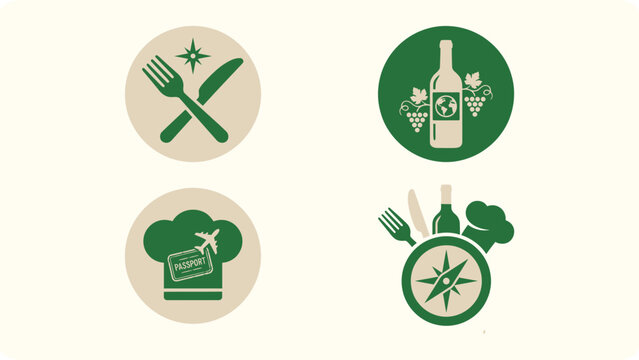 Elegant flat icons for restaurant and food tourism featuring crossed cutlery, wine bottle with grapes, and a chef hat with globe and compass elements.