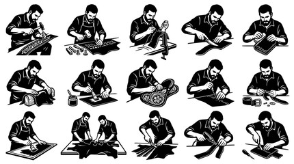 Fototapeta premium Black and White Line Art of Craftsman Working on Leather Goods