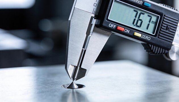 A digital caliper measuring a small hole on a metallic surface. The display shows a measurement of 7.67 millimeters. The background is blurred.