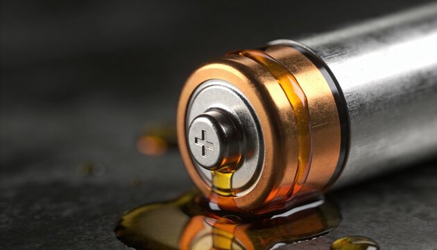 A close-up of a leaking battery on a dark surface. The battery is cylindrical with a metallic body and copper top, surrounded by a pool of liquid.