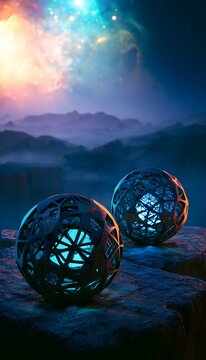 Futuristic metallic spheres illuminate an alien landscape under a vibrant nebula sky