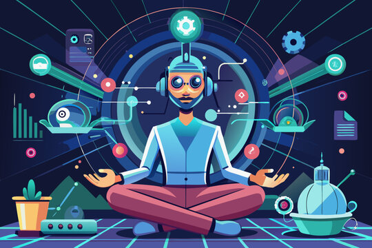 Man in VR headset meditating amidst futuristic data streams, embracing digital zen and innovation.