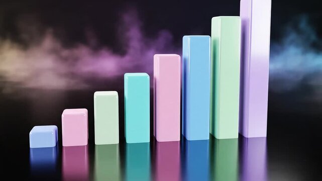 Row of colorful pastel rectangular bars increasing in height on reflective surface with smoky purple-blue background.