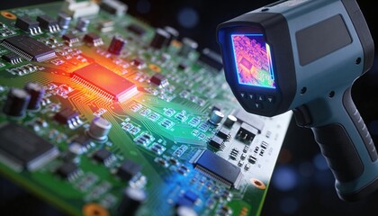 Fototapeta premium A thermal imaging camera is pointed at a colorful circuit board. The board features various electronic components and glowing lights in red and green.