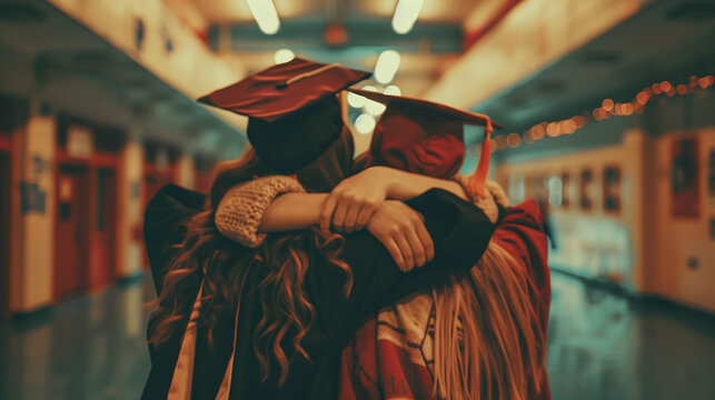 Two Graduates Hugging From Behind in School Corridor &mdash; Emotional Farewell and Friendship Concept