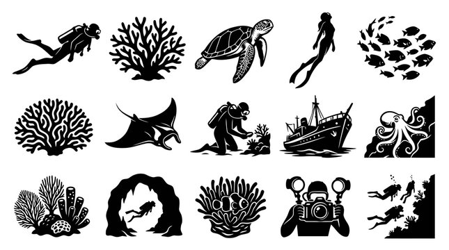 Underwater Scuba Diving Icons Set Black and White Vector Art