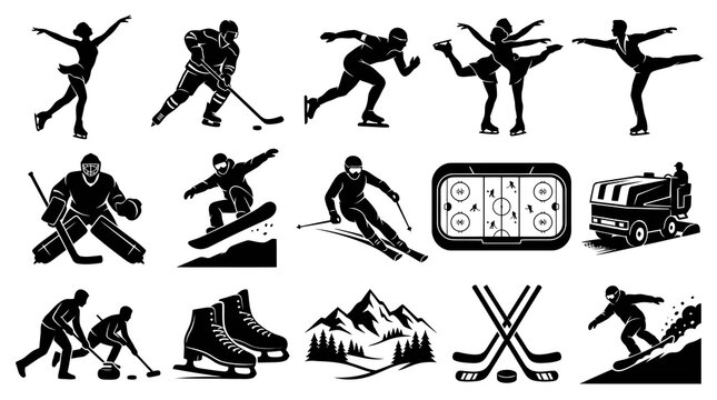 Winter Sports Icons: Hockey, Skiing, Skating, Snowboarding, Ice rink, Zamboni