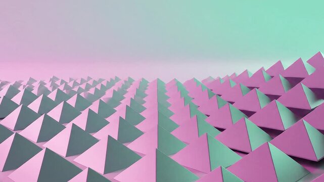 Abstract landscape of repeating triangular pyramids in pastel pink and mint green, soft gradient background, geometric pattern receding to horizon