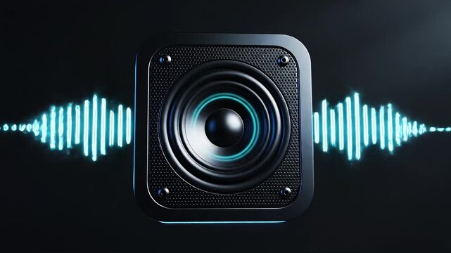 Close-up of a modern black speaker driver with teal lighting and stylized audio waveform visuals on dark background