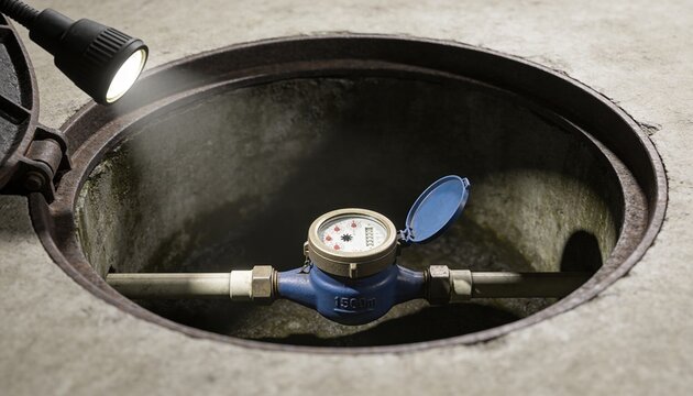 A water meter is installed in a round manhole. A flashlight illuminates the scene, highlighting the blue meter and surrounding concrete.