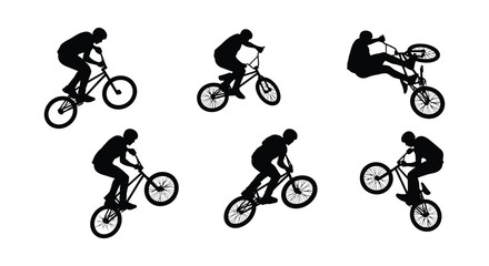 Obraz premium Bicycle silhouettes performing tricks flat vector illustration on white background