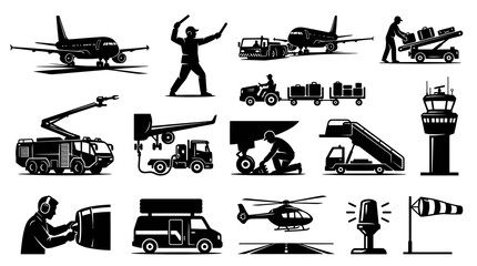 Obraz premium Airport Transportation and Aviation Service Icons, Black and White Vector Graphics