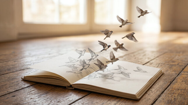 Group of birds flying out from open book on wooden floor

