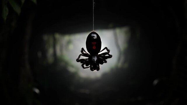 Black Widow Spider Hanging on a Silk Thread in a Dark Forest Backdrop