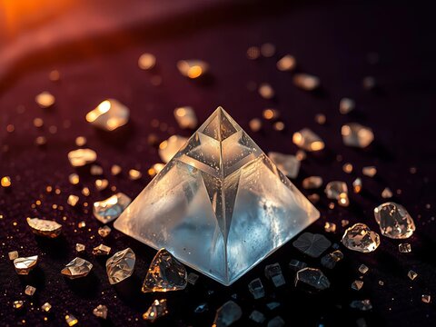 Crystalline pyramid shards radiate ethereal luminescence on midnight velvet, cosmic fragments,  mystery,  crystal