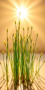 Delicate green shoots pierce the bright studio floor, reaching for an unseen, sunlit zenith upward perspective,  new life,  high-key