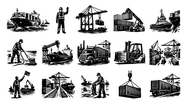 Black  White Engraving Style Icons: Port Logistics, Shipping, Cargo Transport, and Maritime Operations