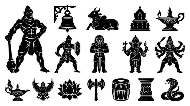 Hindu Gods, Deities, and Religious Symbols Silhouette Glyph Icons Set. Indian Mythology and Spirituality.