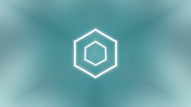 Abstract geometric pattern. Glowing lines forming a hexagonal shape on a gradient teal background. Digital art, neon glow, minimal design. Technology, innovation, future.