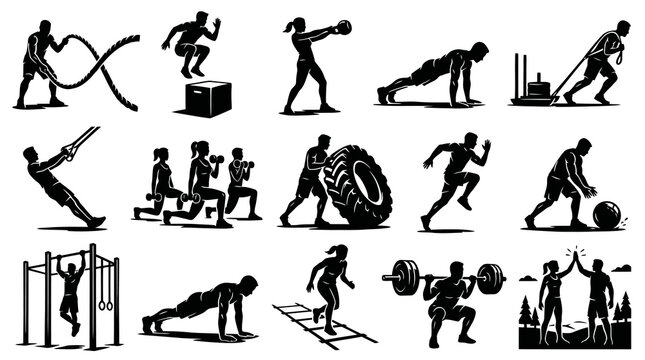 Fitness Workout Crossfit Exercises Vector Silhouettes Set. Gym Training People Icons, Black and White Design.