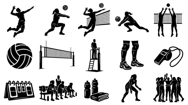 Volleyball Sports Player Silhouette Vector Icons: Ball, Net, Referee, Equipment, Team Glyphs Set