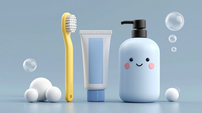 Soft pastel tones frame bathroom essentials. Yellow brush stands beside tube and pump bottle. Smiling bottle adds friendly charm to the scene. Spherical bubbles float gently around the items