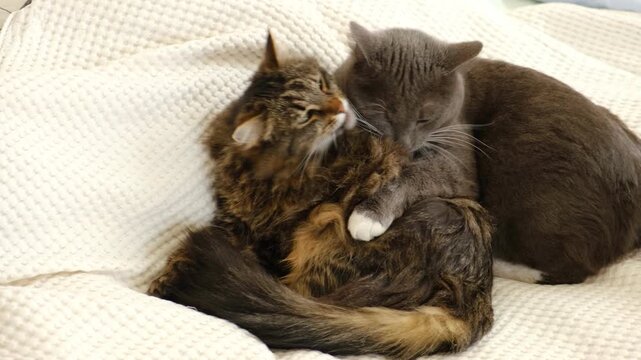 Cats show affection by peacefully grooming themselves. Two pets rest on a white blanket. A feline couple relaxes together. Happy, beautiful tabby cats embrace tenderly. Space for text. Care. Grooming