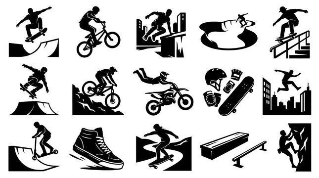 Black and White Vector Icons of Extreme Sports and Activities