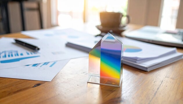 Glass pyramid with charts on desk