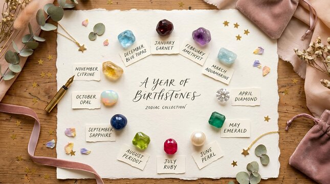 A year of birthstones zodiac collection flat lay assorted gemstones