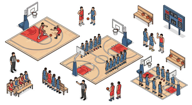 Isometric illustration of a basketball game with players, coaches, referees, and spectators on a court.