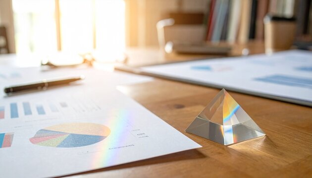 Glass pyramid with charts on desk