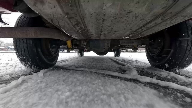 Vehicle tires grip snow while moving forward