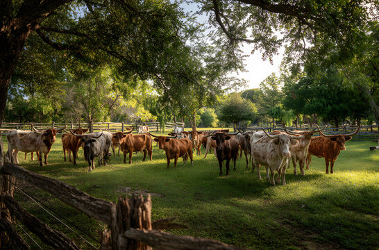In a grassy field near Georgetown, Texas, a herd of Texas Longhorn cattle is laying down near a metal fence line.