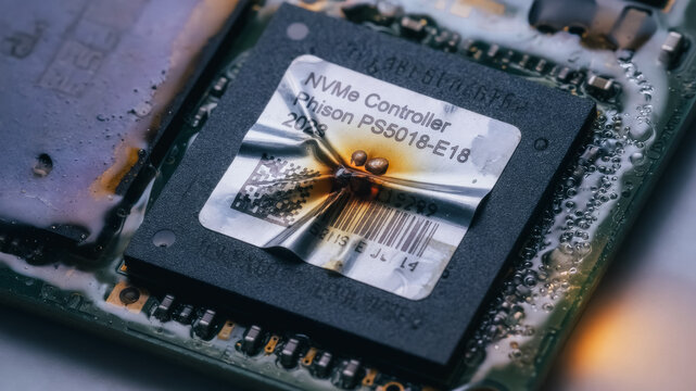Burned NVMe controller on a circuit board representing hardware failure, overheating, and electronic damage.