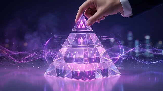 Hand placing top pyramid layer with connected people icon, representing organizational structure, teamwork, and successful business hierarchy with digital connections.
