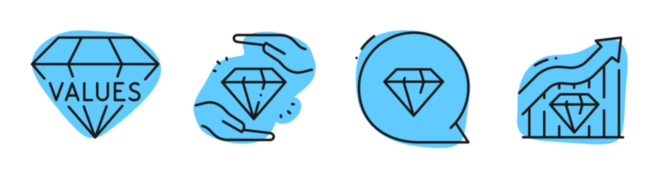 Value diamond icons showing protection growth and speech bubble set. Editable stroke