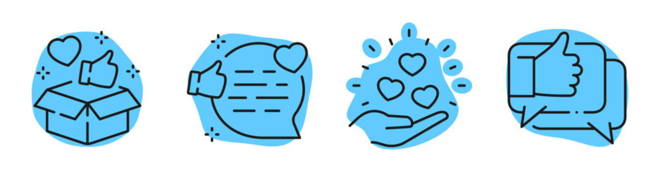 Social feedback icons showing likes hearts and messages outline set. Editable stroke