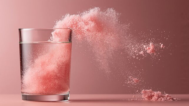 Pink powder cascades into a clear glass. Particles swirl mid-air, creating soft motion. The backdrop is a warm, muted pink. Glass reflects subtle light and texture. Ideal for beauty, wellness