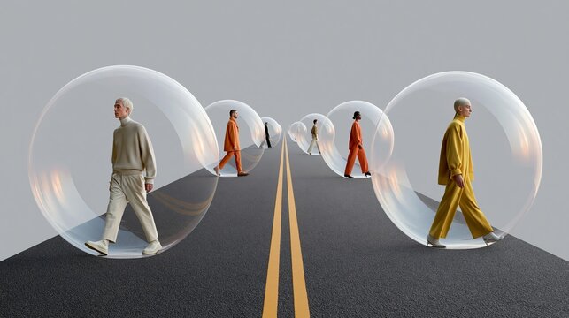 Five individuals walk separately within clear spheres on a road. Each person moves forward, unbothered by their isolation. The spheres glow softly, suggesting inner worlds or separation
